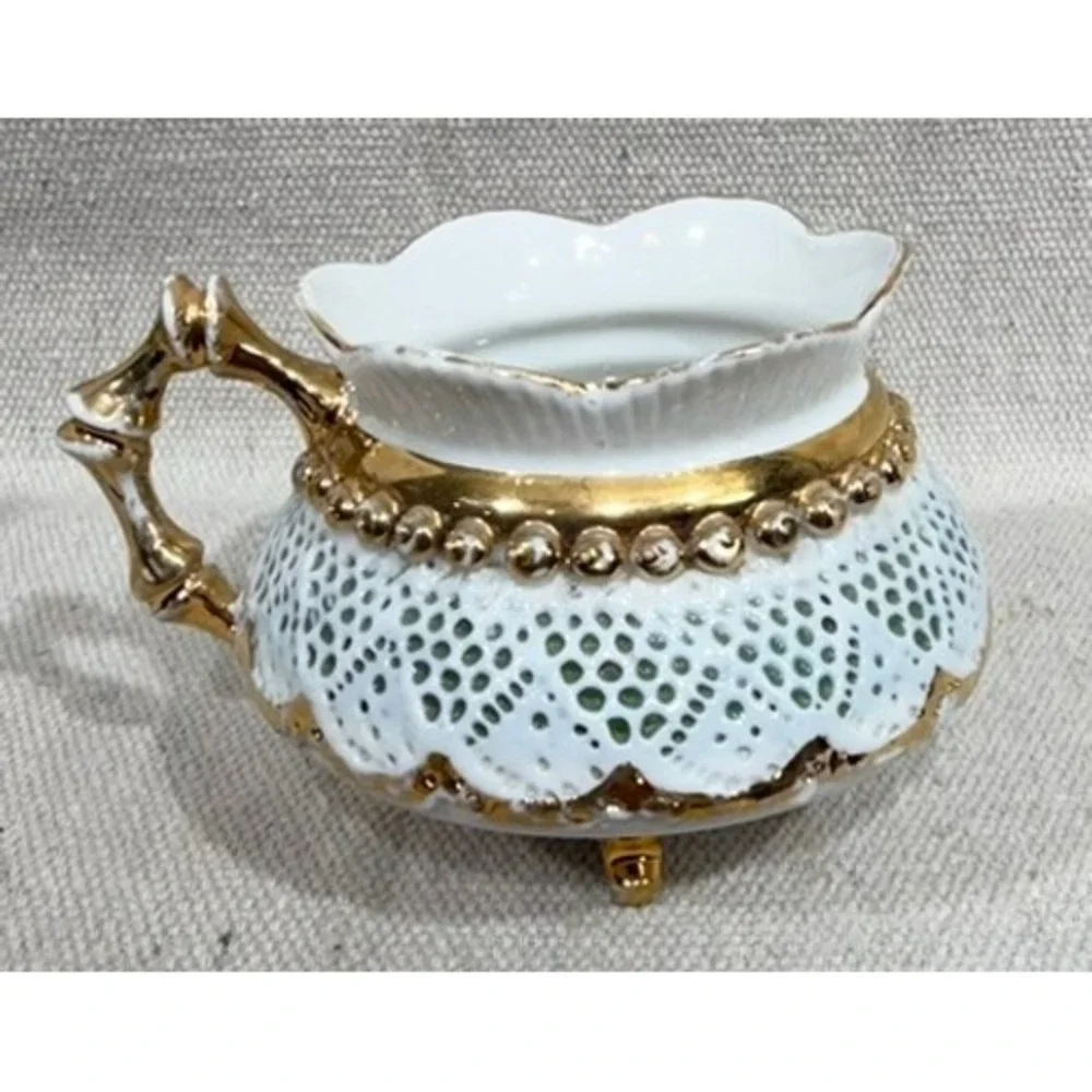 Antique German Bohemian Reticulated Porcelain Cup Gold Gilt Pierced 1890-1920